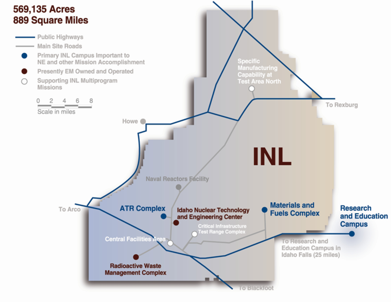 Map of INL, 569,135 acres, 889 square miles, with public highways and primary campus borders marked, as well as what's EM owned and operated, and supporting INL multiprogram missions.