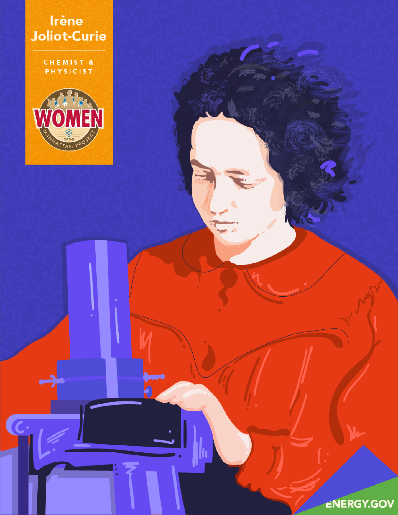 Illustration of scientist Irene Joliot-Curie, who's work greatly influenced the Manhattan Project.