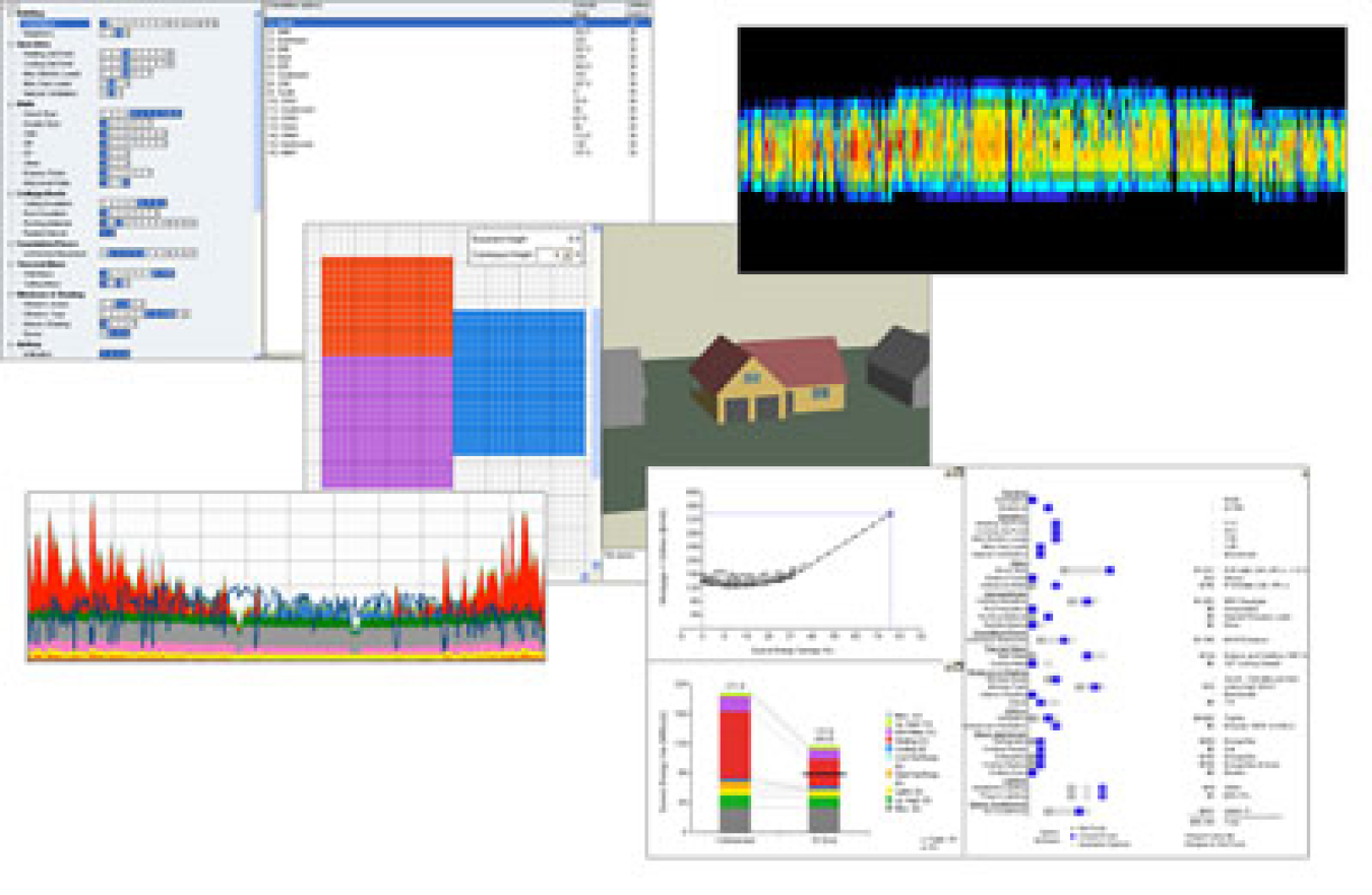 Collage of images taken from various BEopt output screens. The top, left image lists building measures and design elements with a base point, current point, and available options for that measure. The top, right image shows a colorful wave spectrum and ha