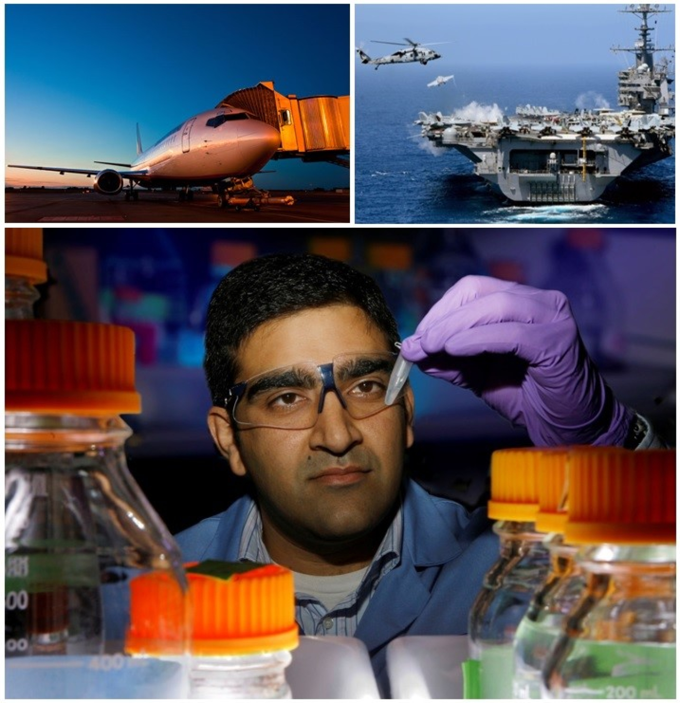 A trio of images showing the end uses of biofuel production, including an image of an airplane representing aviation, a Naval aircraft carrier and a scientist holding up an eye dropper in a laboratory.