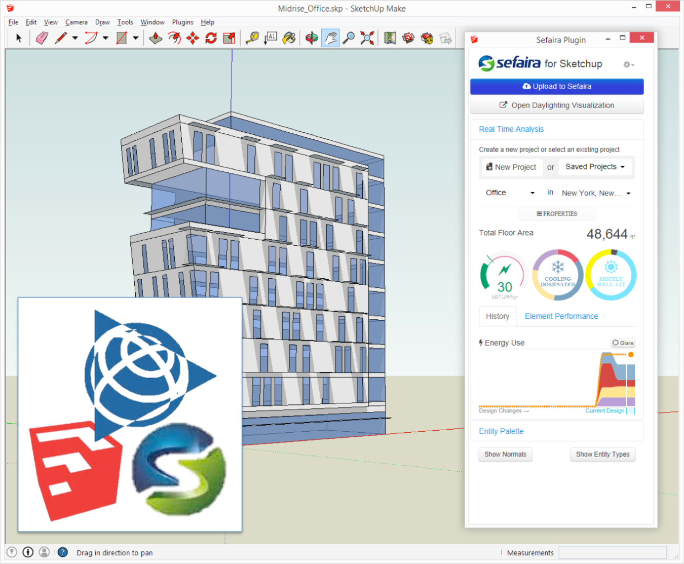 Screenshot of the SketchUp software with the Sefaira plug-in.