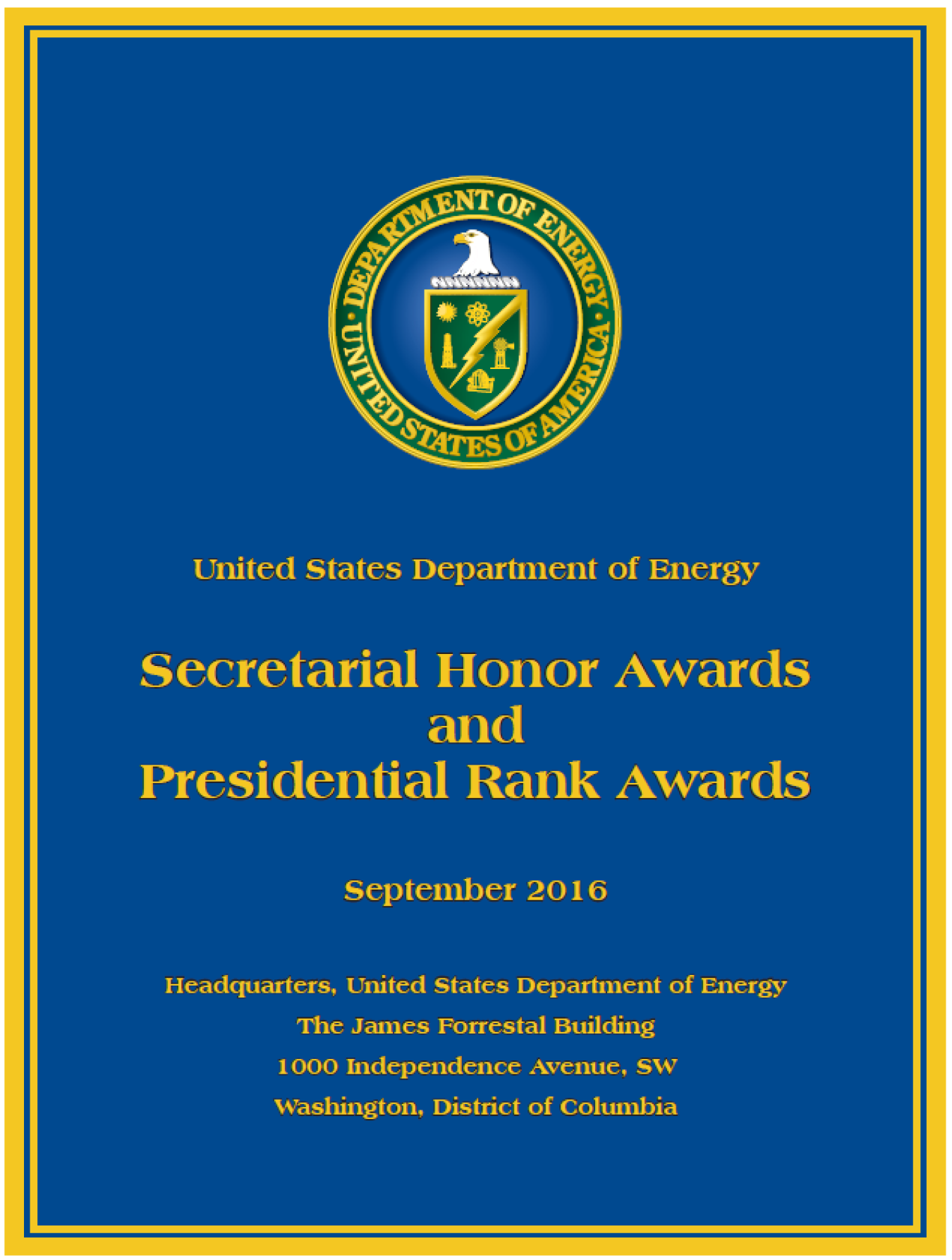 Poster for the awards, with the DOE seal and the month and location.