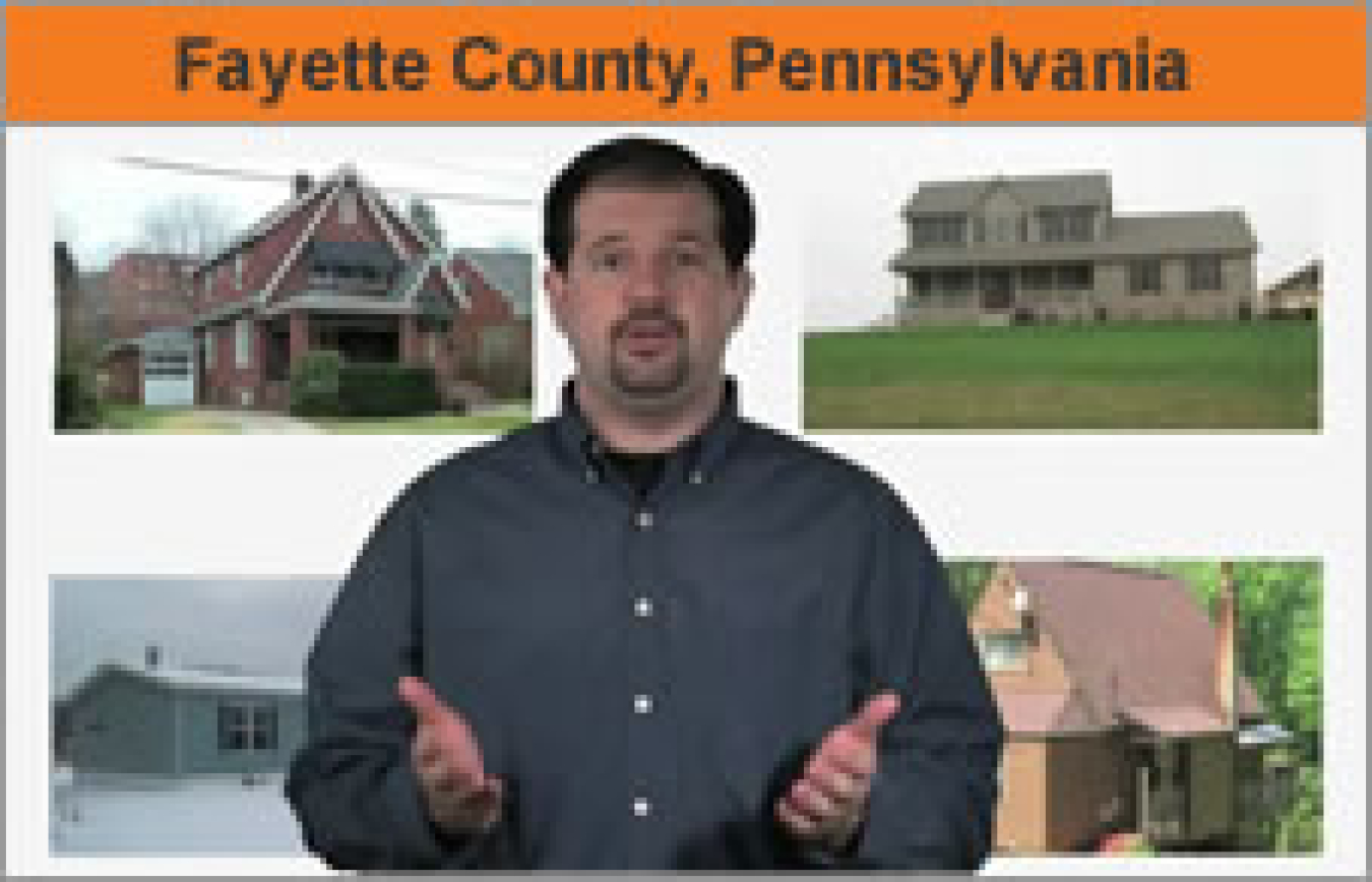 A man facing the camera with images of houses behind him, and the words, "Fayetteville, Pennsylvania."