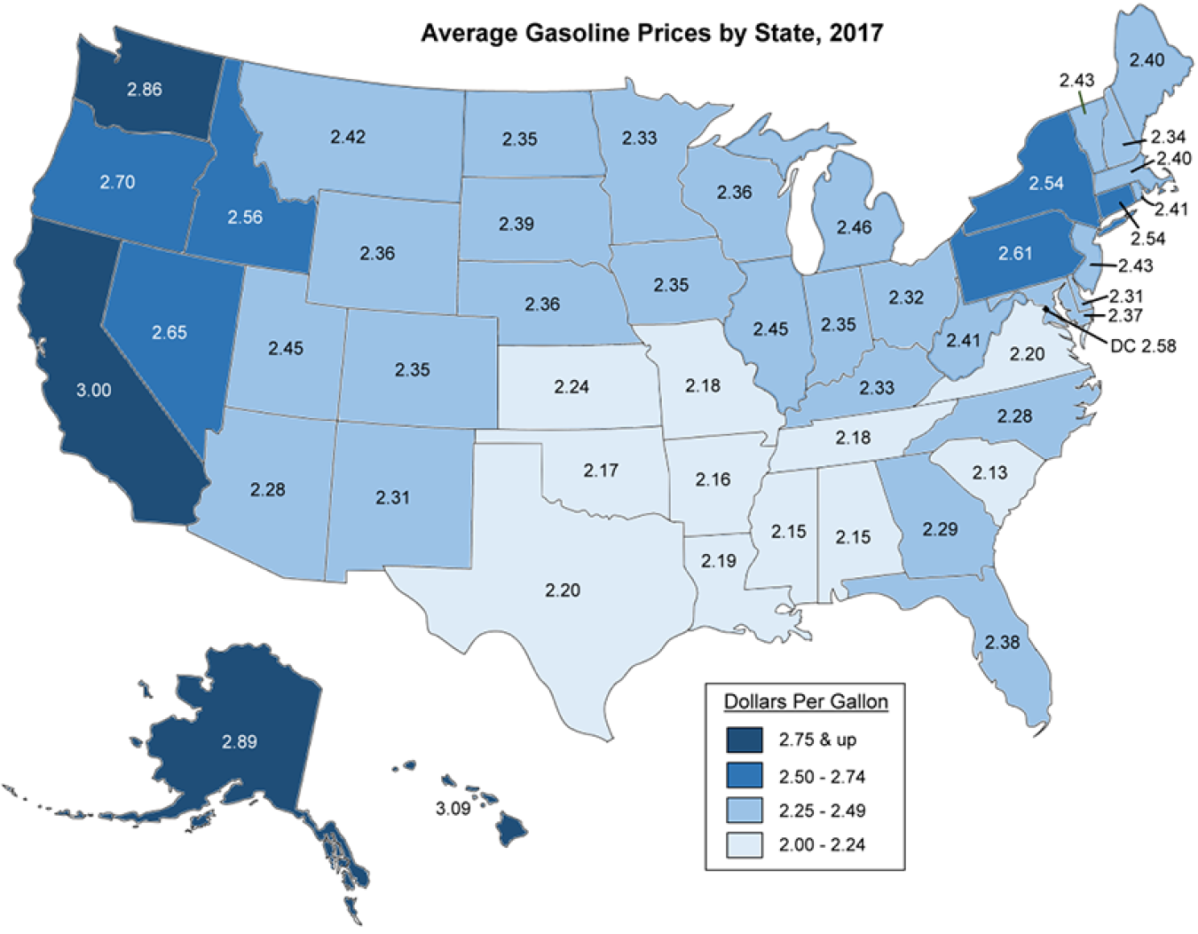 Map of the United States showing gasoline prices in each state in 2017.