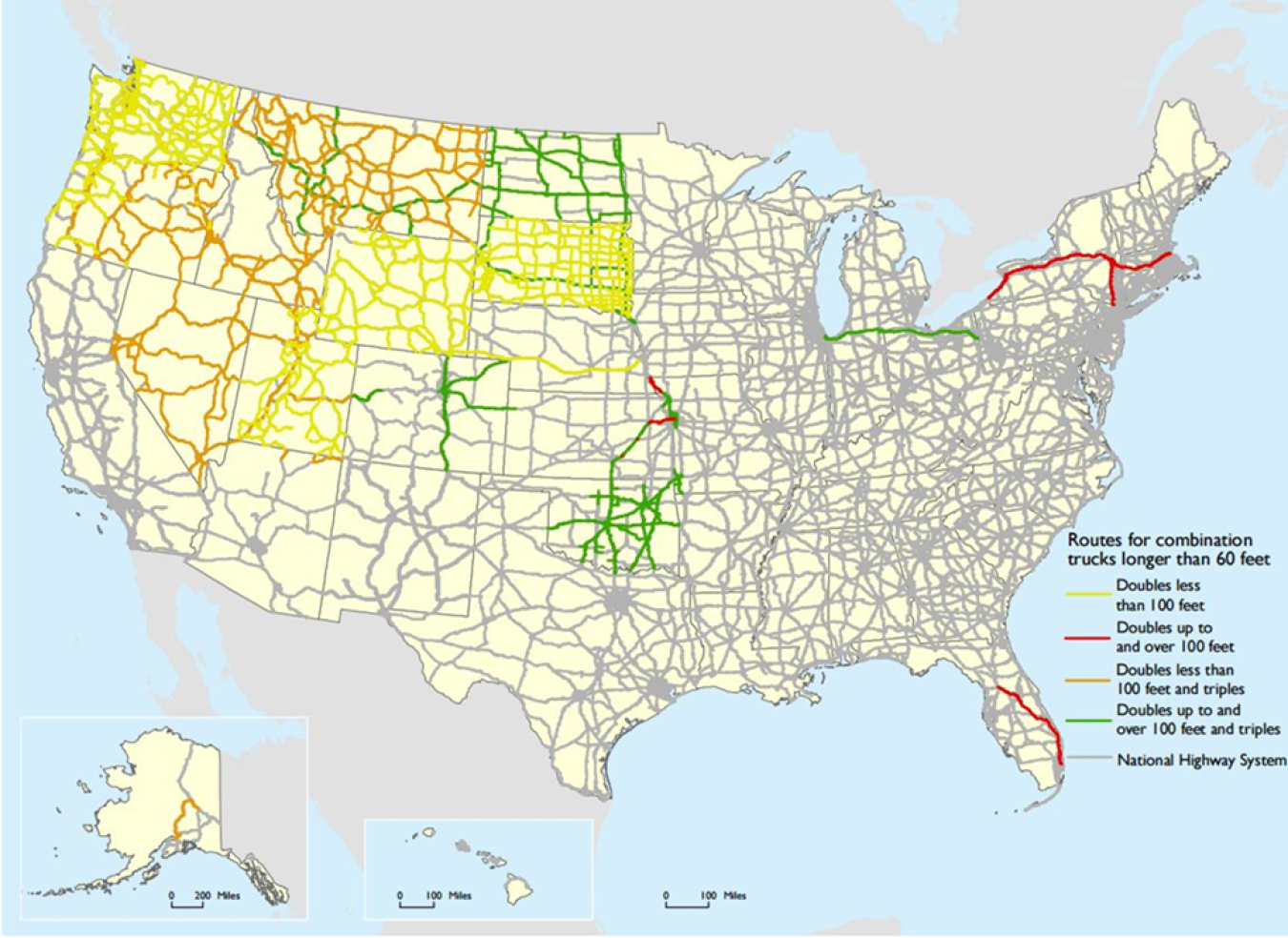 Map of the U.S. showing routes where longer combination vehicles are permitted in 2014