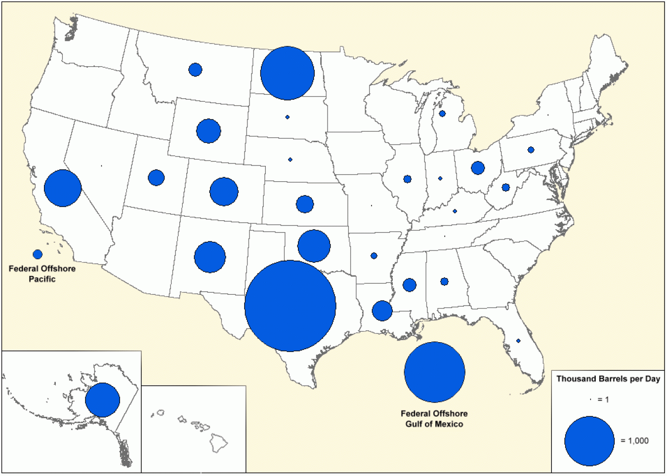 Map of US showing crude oil production by state and federal offshore region in 2015