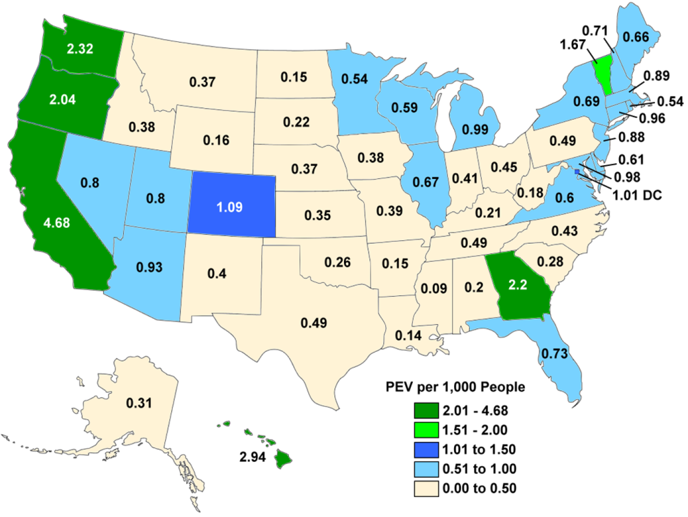 Map of U.S. with PEV registrations per 1,000 people by state in 2015.