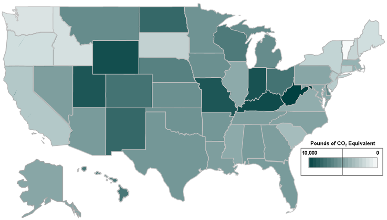 Annual Well-to-Wheel Emissions from a Typical EV by State in 2015