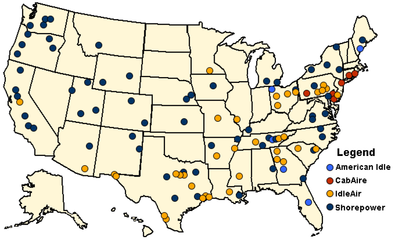 U.S. map showing truck stop electrification sites by company (American Idle, CabAire, IdleAir, and Shorepower) as of March 30, 2017.U.S. map showing truck stop electrification sites by company as of March 30, 2017.