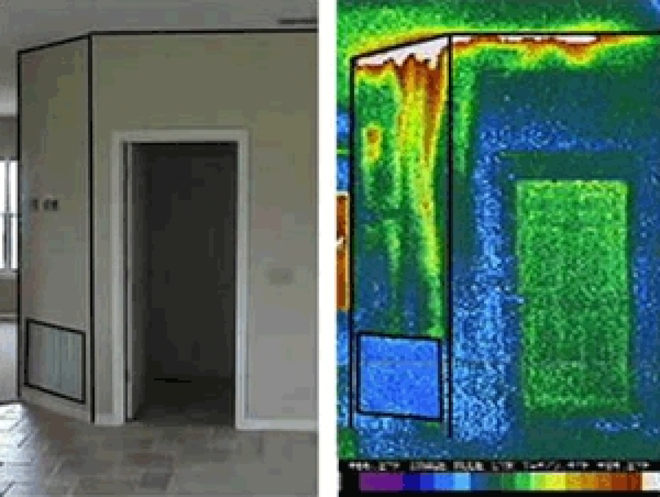 Photo of the doorway of a home side by side with an infrared image of that view.