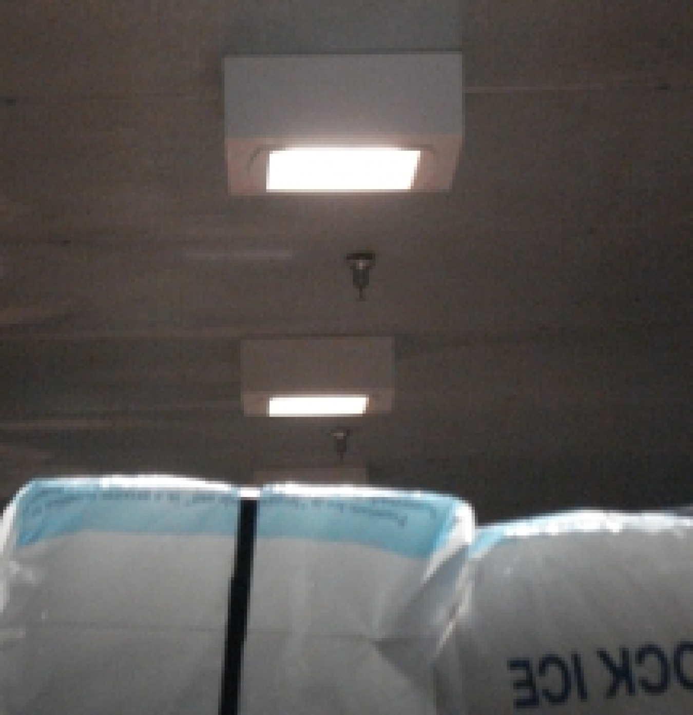 Photo of two large, square, ceiling-mounted lights illuminating blocks of ice.