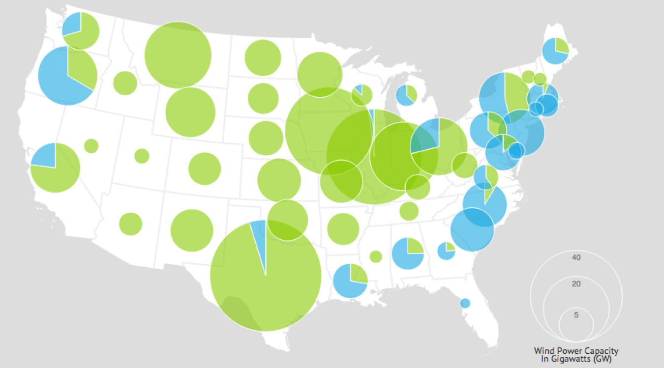 United States map showing potential growth of the wind industry over the next 35 years