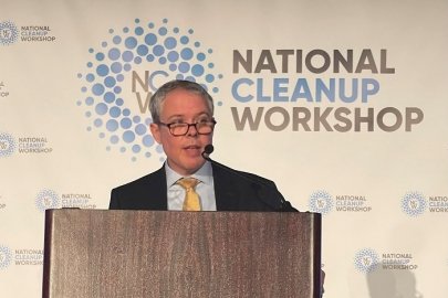 EM Senior Advisor William “Ike” White speaks during an address at the 2021 National Cleanup Workshop.